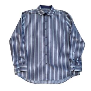 Tasso Elba Mens XL 17-17.5 Vertical Stripe Button Up Collared Dress Shirt
